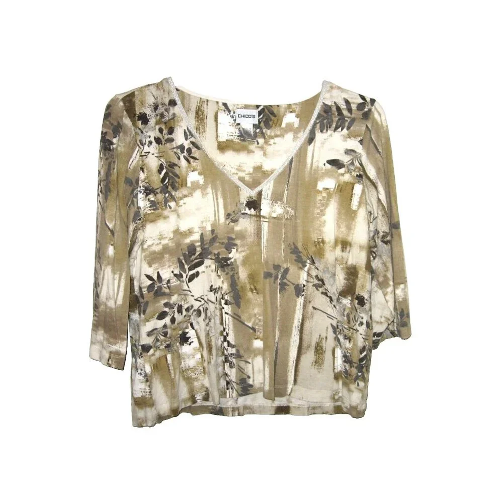 Chico's‎ White Green Silver Metallic Leaves 3/4 Sleeve Top Size 2 L 12